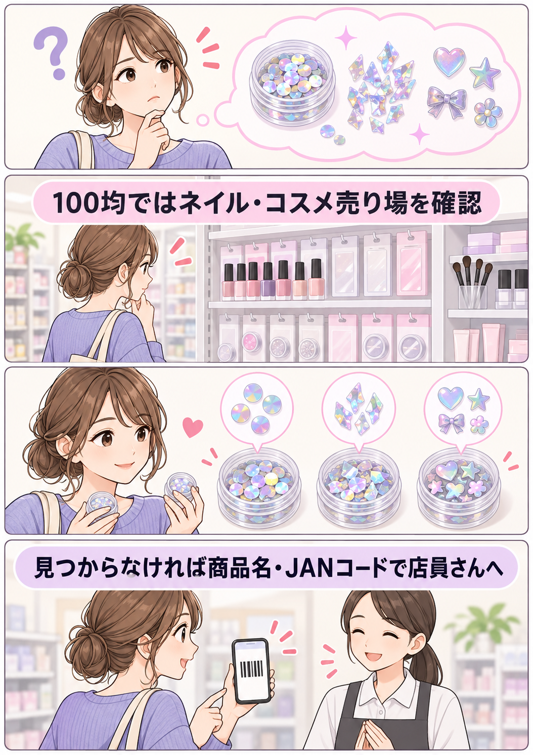100均でネイルホログラムの売り場を探す手順
