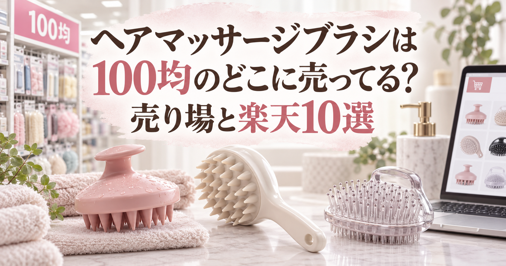 100均の売り場と楽天市場のヘアマッサージブラシ10選を案内するアイキャッチ