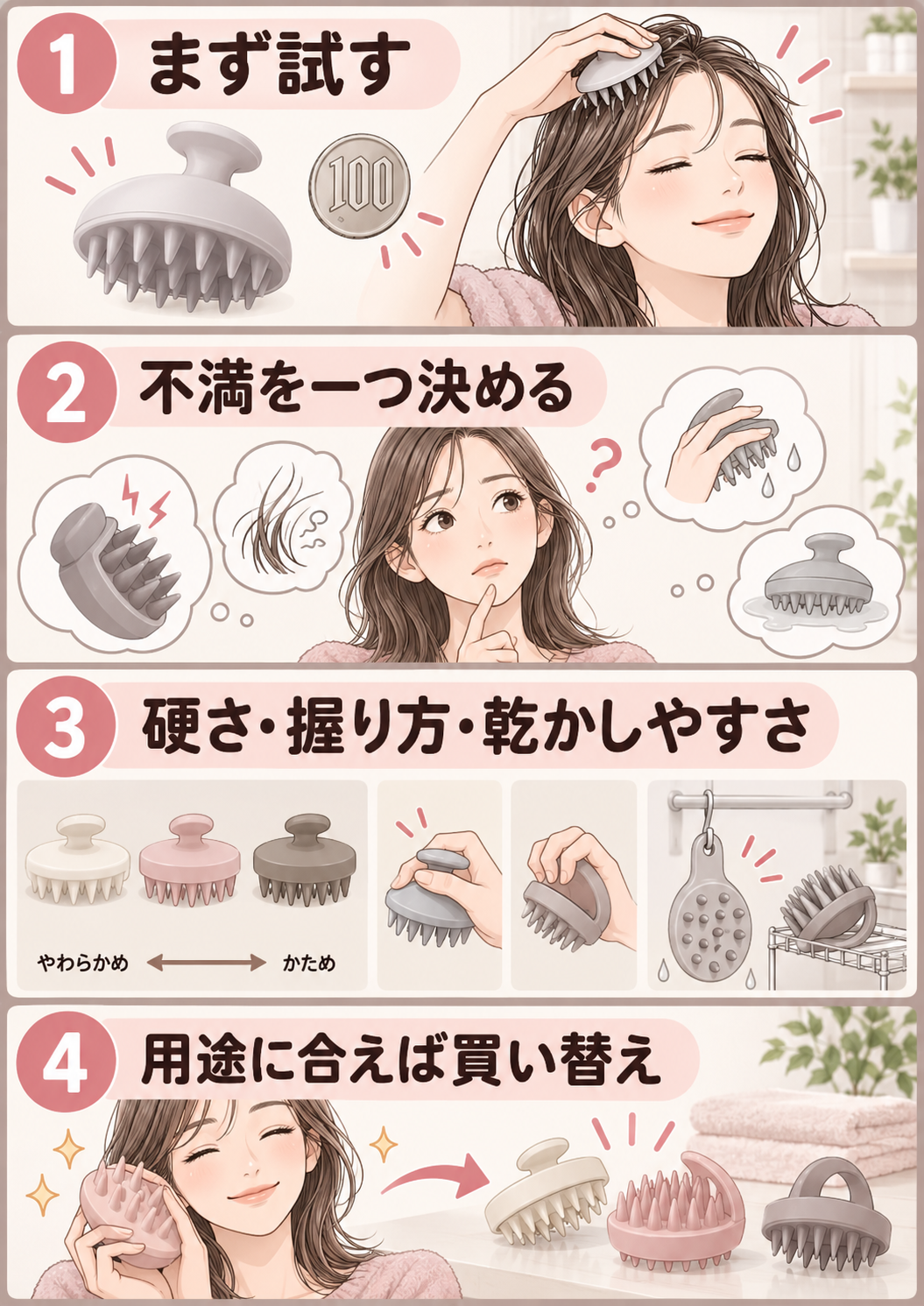 100均のブラシから買い替える判断を4段階で示した図