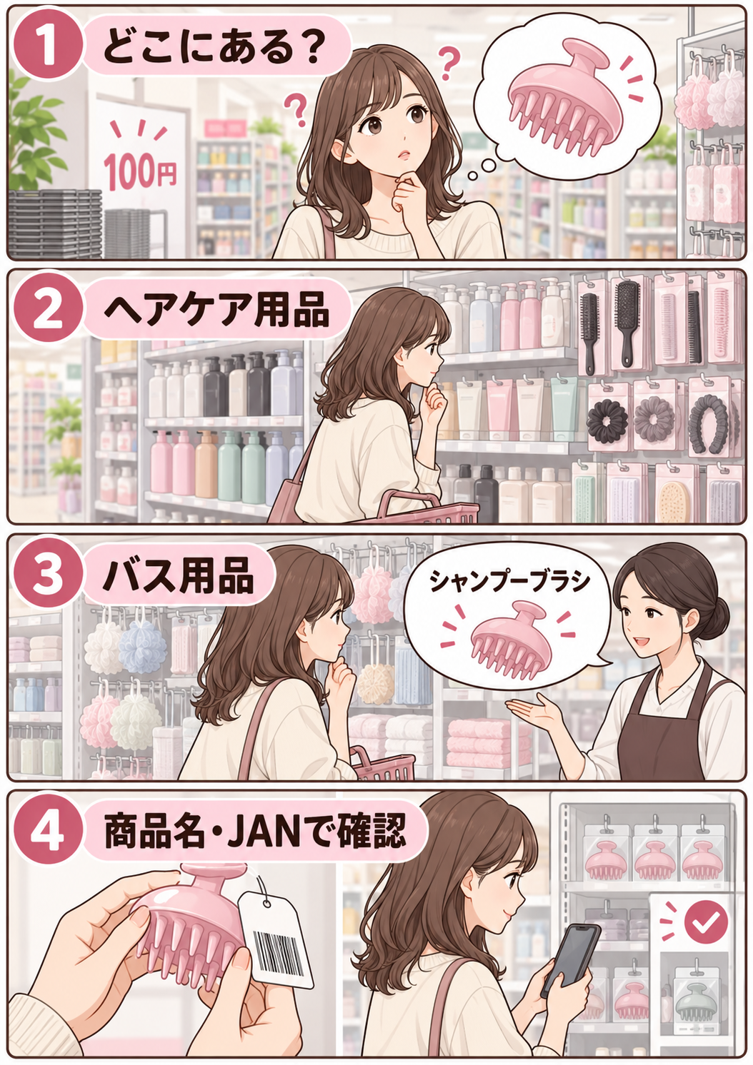 100均でヘアマッサージブラシを探す4つの手順