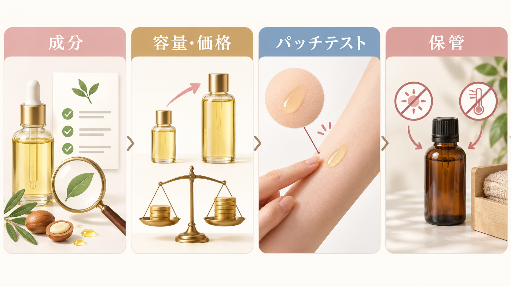美容オイルの成分、容量と価格、パッチテスト、保管方法を比較する図