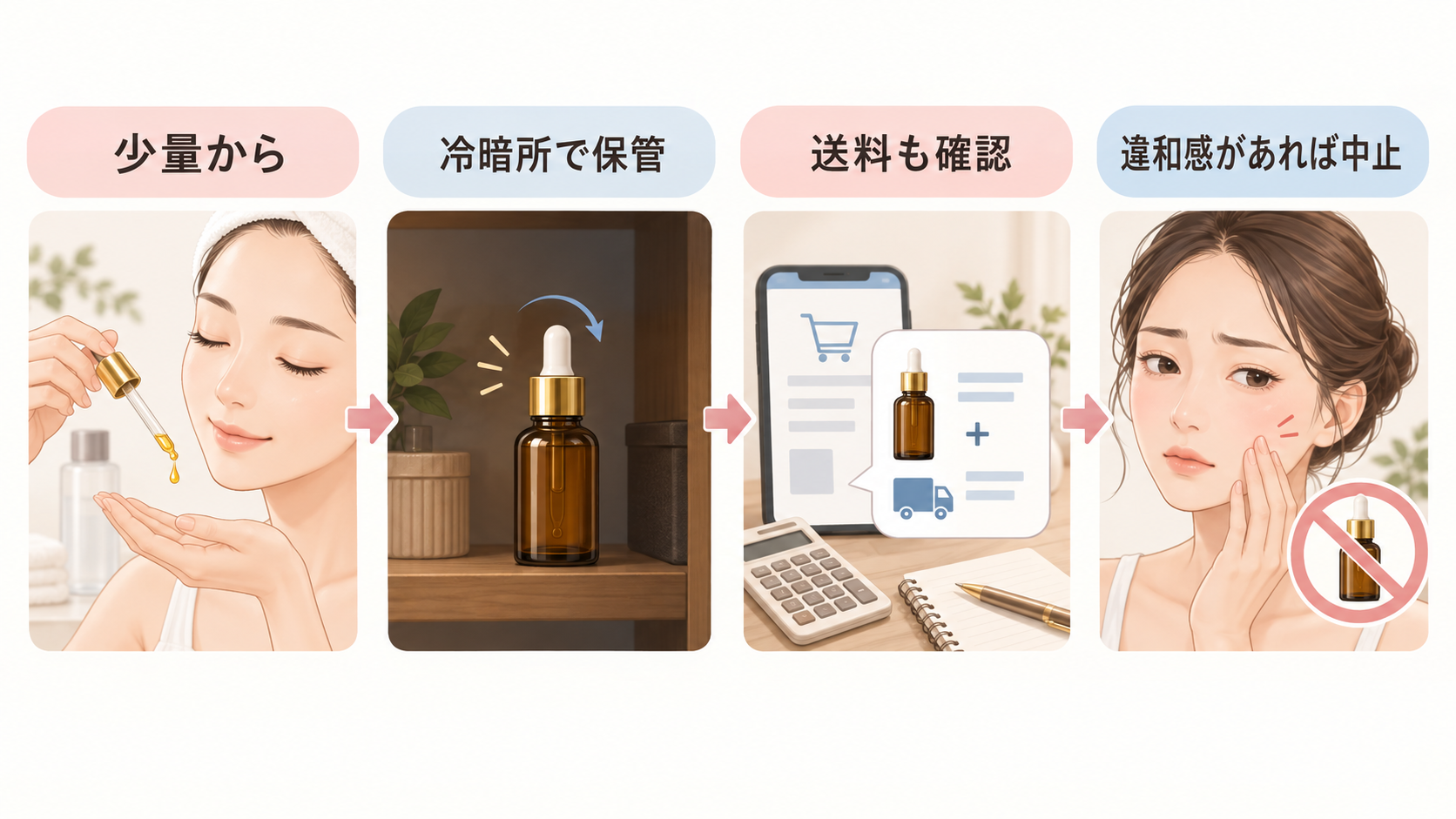 美容オイルは少量から使い、冷暗所で保管し、送料も確認する流れ