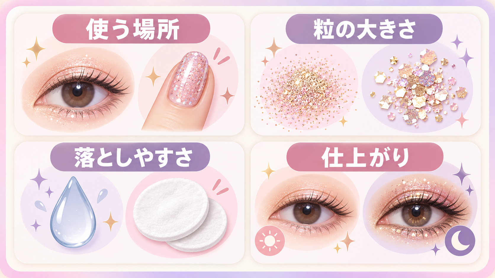 使う場所、粒の大きさ、落としやすさ、仕上がりを比較する図