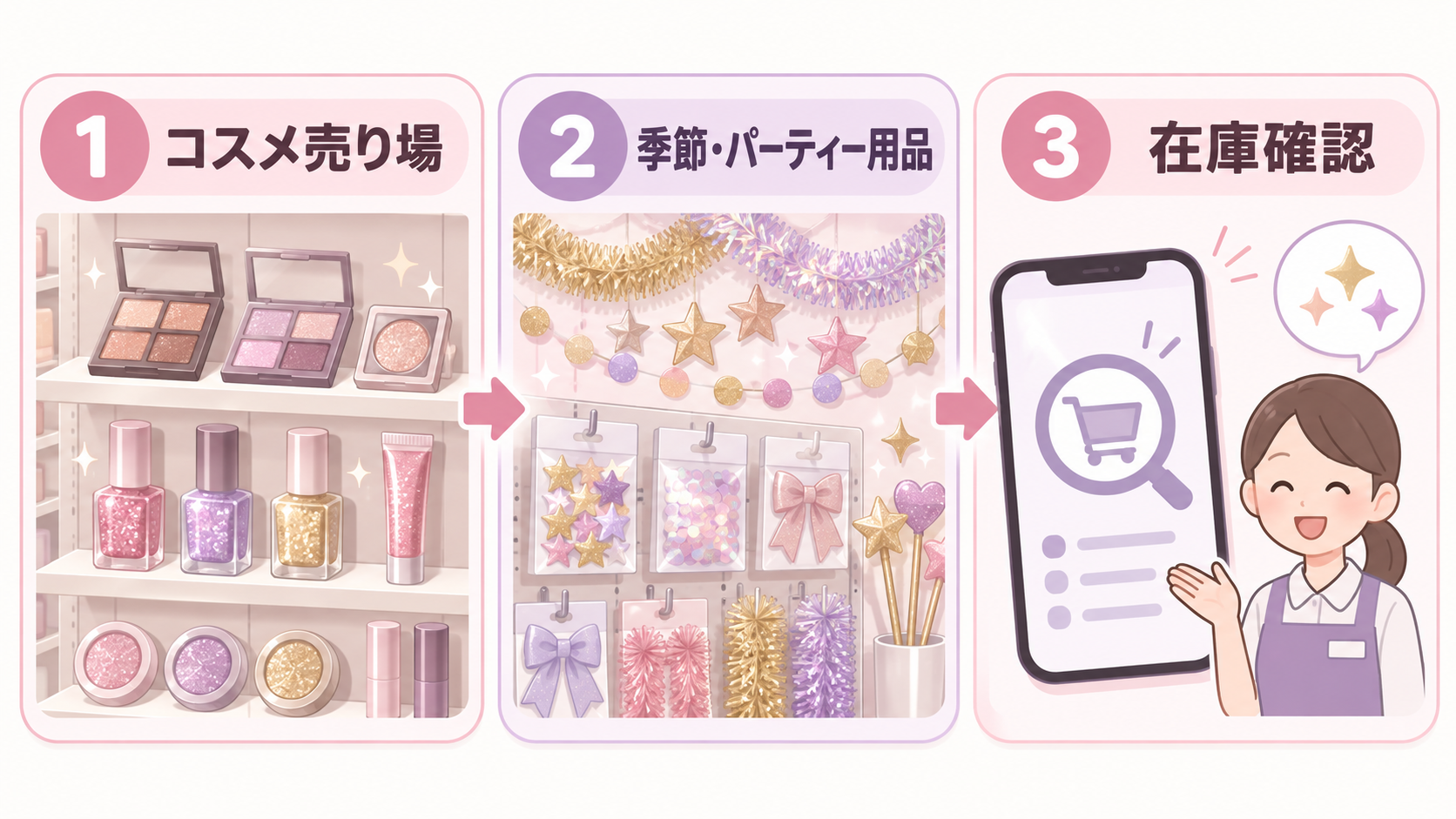コスメ売り場、季節用品、在庫確認の順でラメコスメを探す図