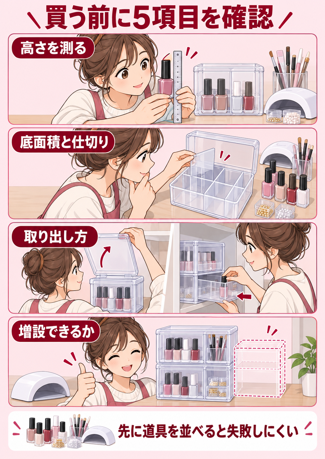 100均のネイル収納を買う前に確認する5項目の4コマ図