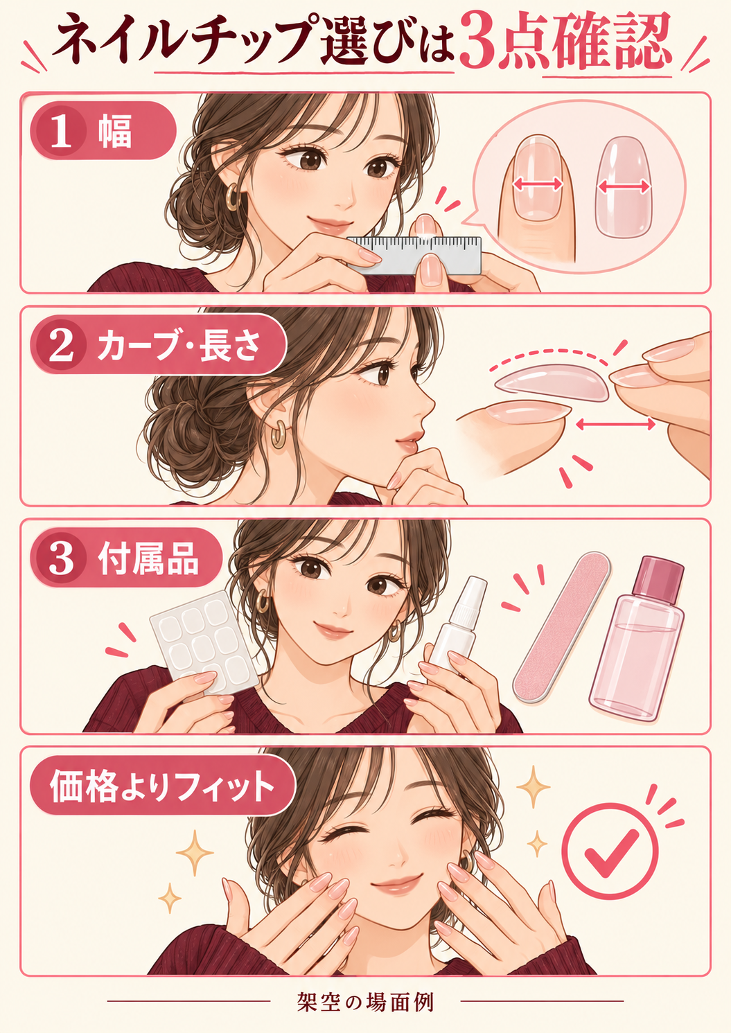 ネイルチップの幅・カーブと長さ・付属品を確認する4コマ図