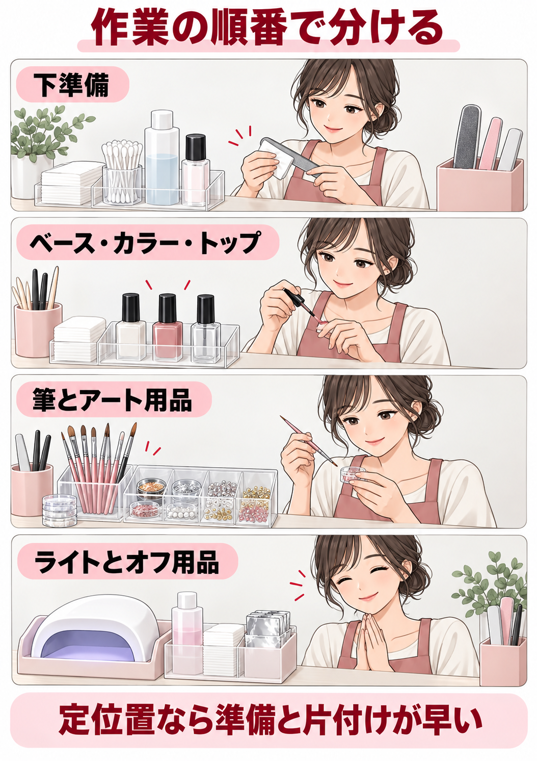 ネイル用品を作業の順番で分ける方法の4コマ図