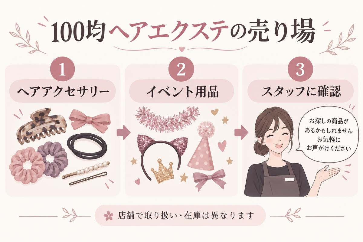 100均でヘアエクステを探す売り場の順番を示した図