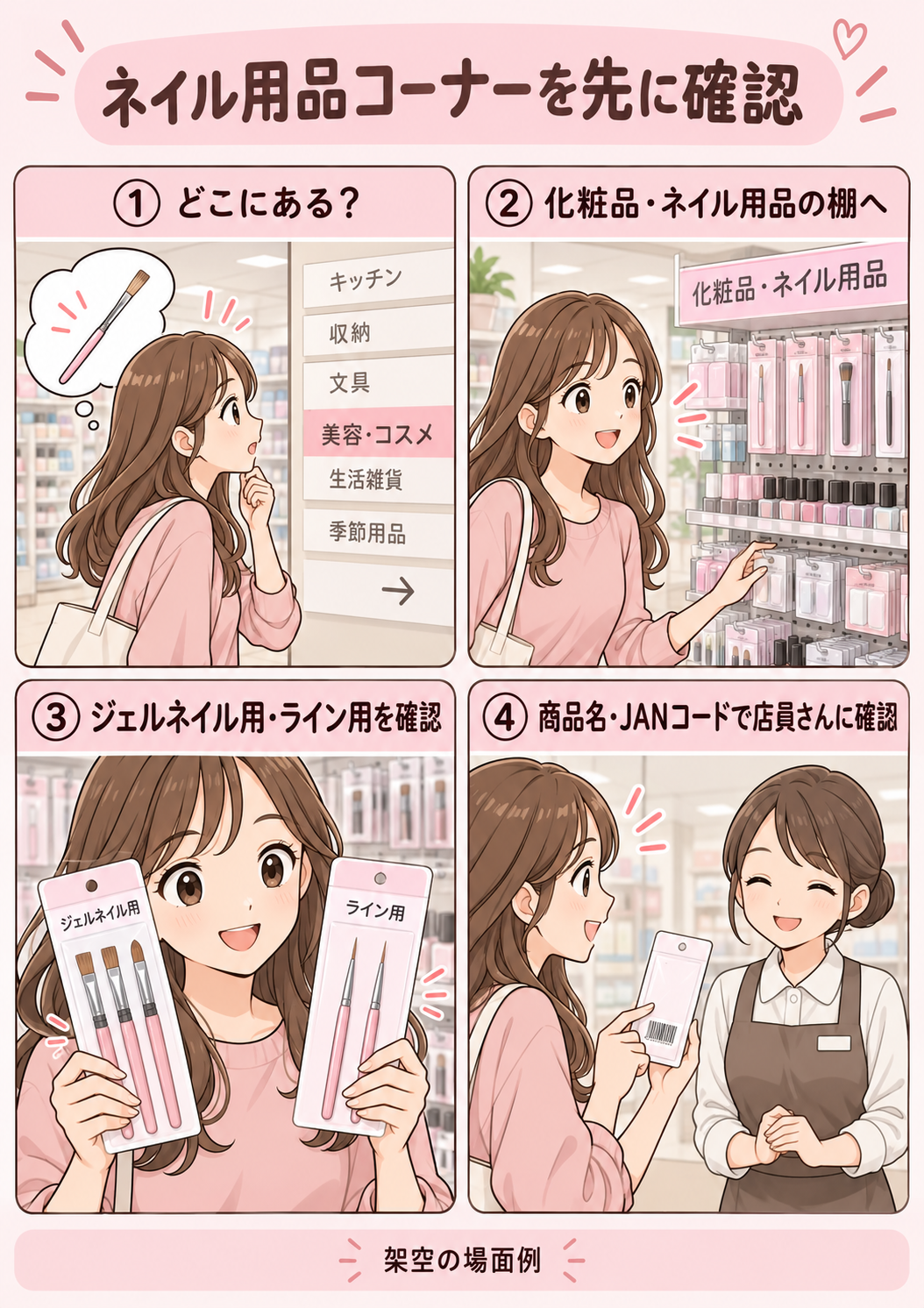 100均でネイル筆の売り場を探す4ステップの図解