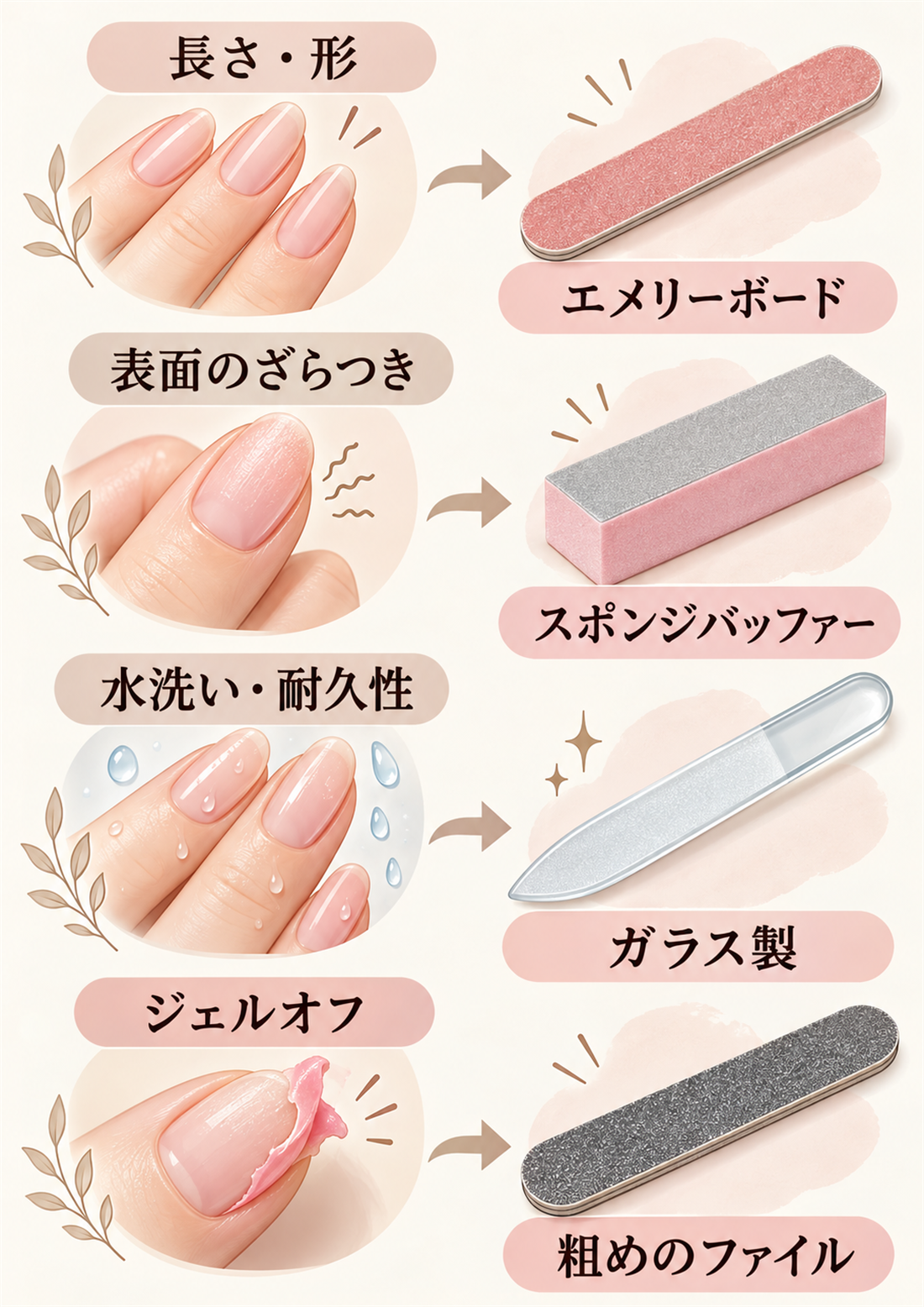 用途からエメリーボード・スポンジ・ガラス・粗めを選ぶ図