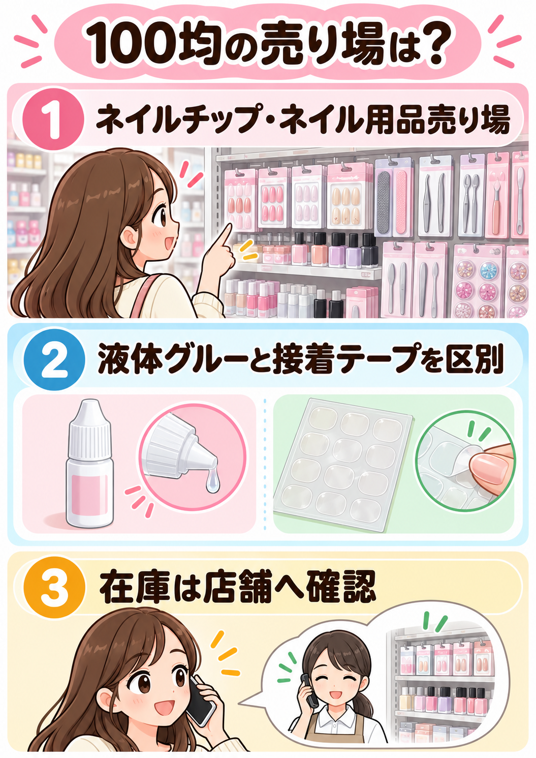 100均でネイルグルーを探す場所と液体グルー・接着テープの見分け方
