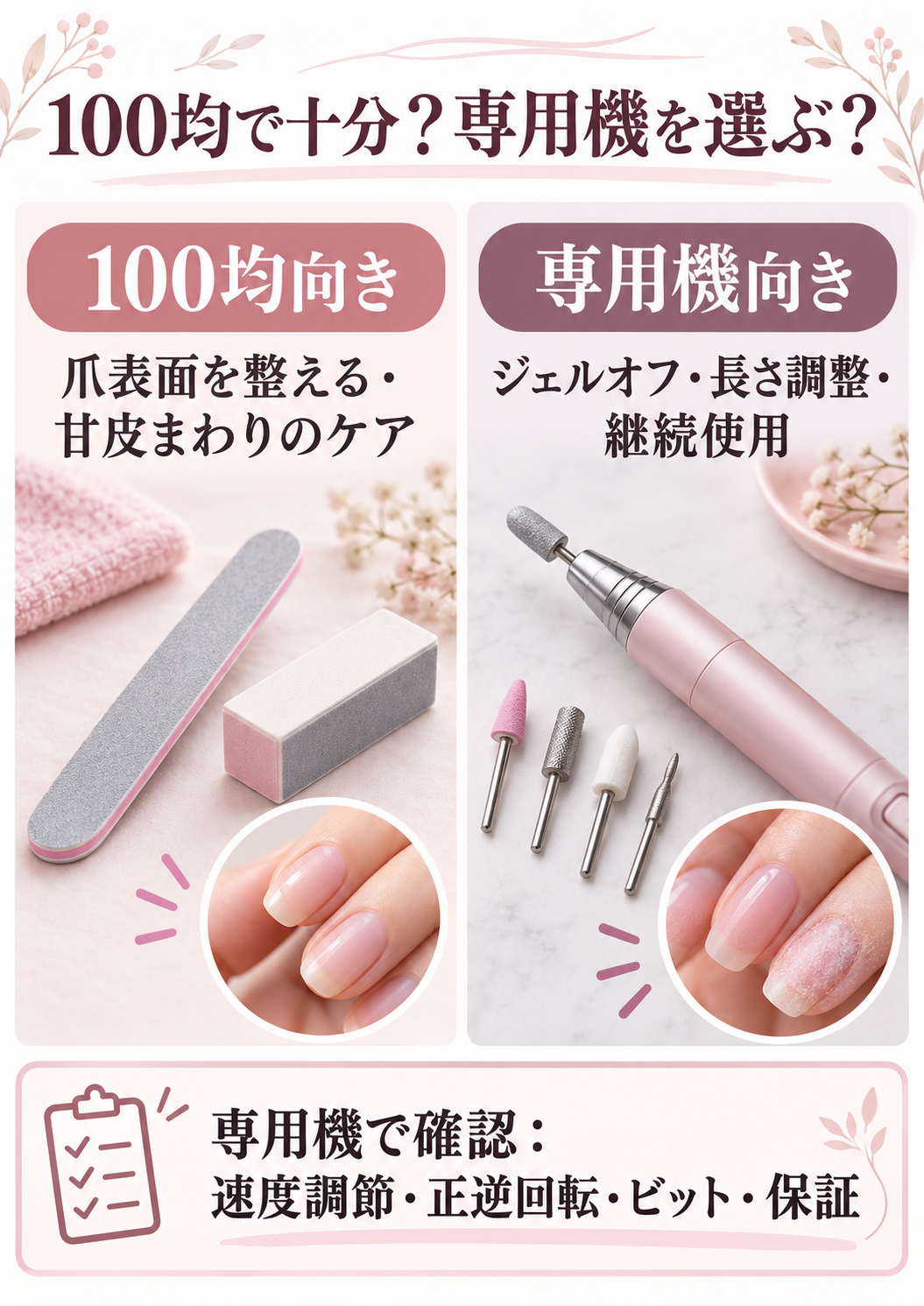 100均のネイルケア用品と専用ネイルマシンの選び分け