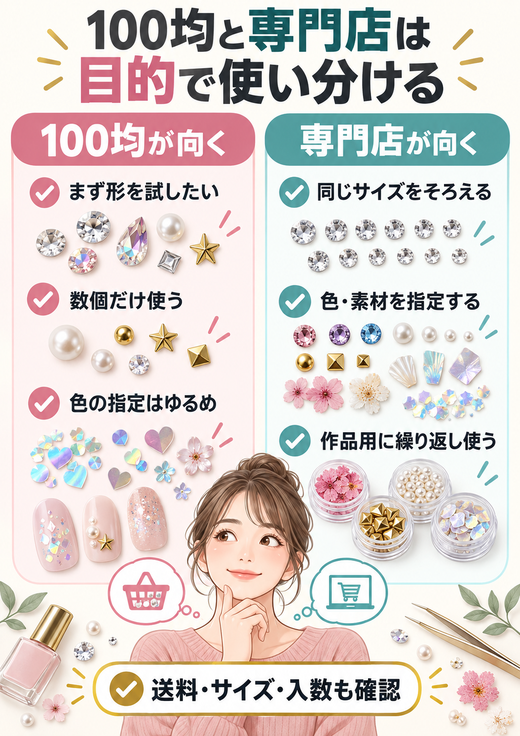100均と専門店のネイルパーツ購入判断の比較