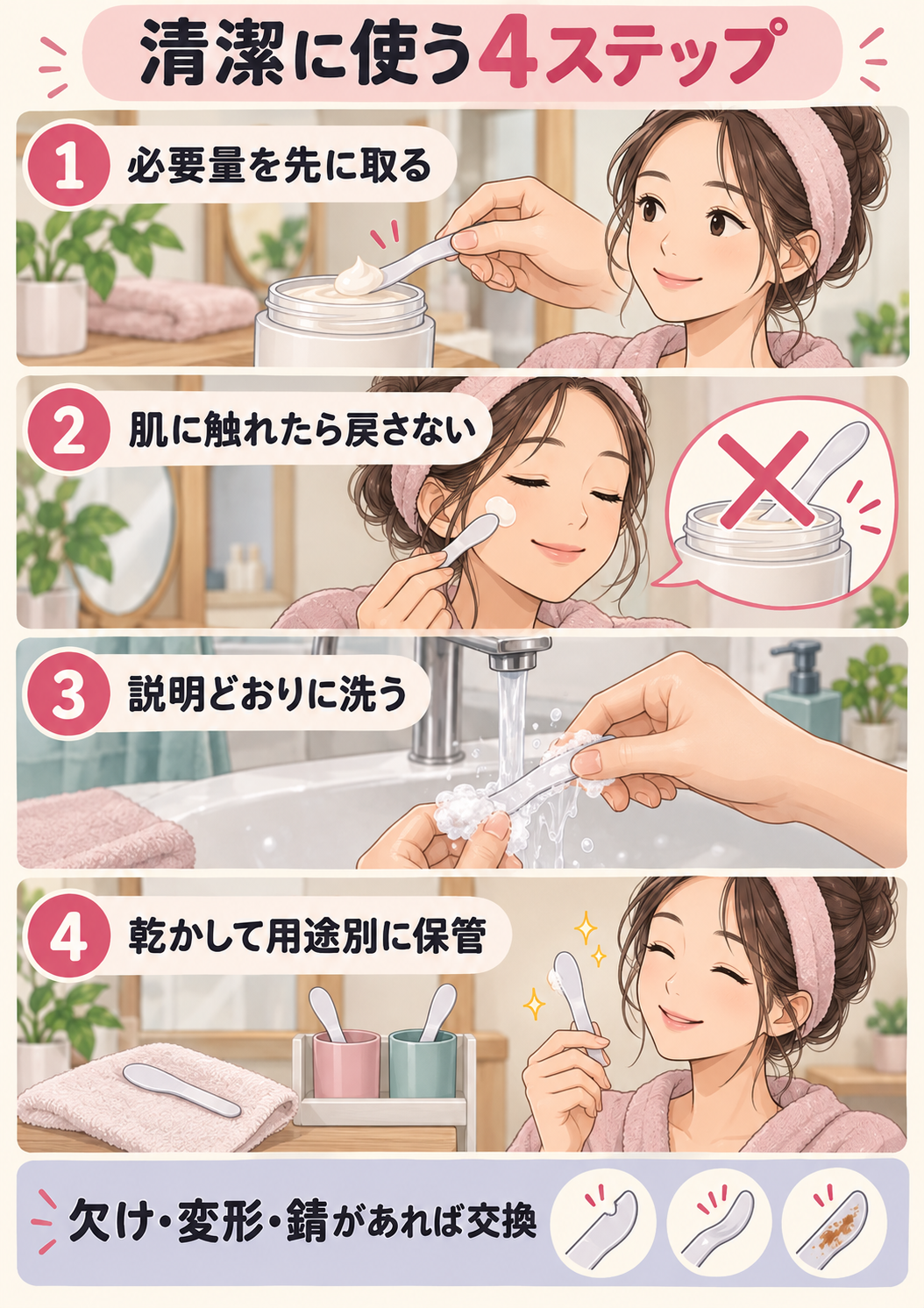 美容用スパチュラを洗って乾かし用途別に保管する4ステップ
